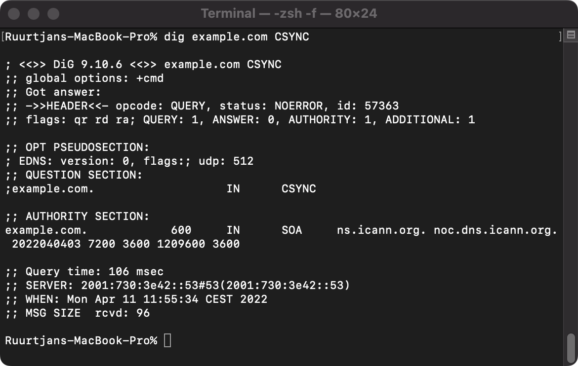 Example output of a CSYNC lookup query
