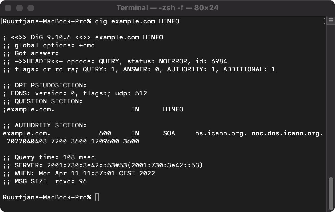 Example output of a HINFO lookup query